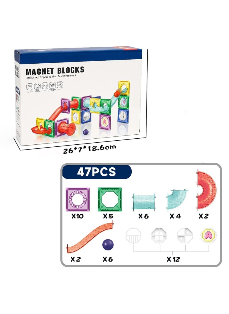GOLD MANTIS Magnet Blocks Marble Run Track Toy Set – 47 Pcs Magnetic Tiles with Balls, Slide, Curved Tubes & Creative Panels | STEM Educational Toy for Kids 3+ Years  - Image 4
