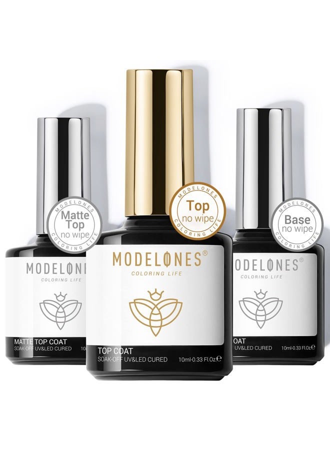 modelones Gel Top Coat Base Coat for Gel Nail Polish, 3 Pcs 10 ml No Wipe Matte & Shiny Top Coat, Long Lasting High Gloss and Matte Effects DIY at Home - Image 1