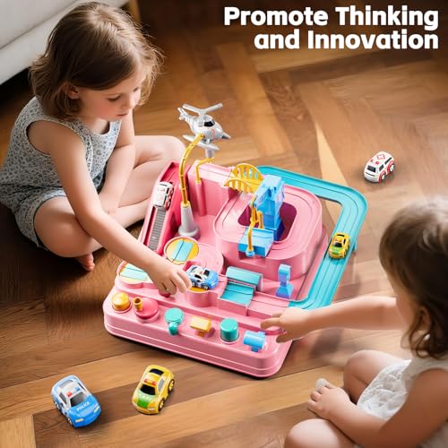 KIZONLY Car Race Track for Kids Ages 48 Kids Car Toys for 3 Year Old Boys Race Track for Toddlers 35 City Set with 3 Small Cars and Helicopter Educational Birthday Gifts Pink - Image 5