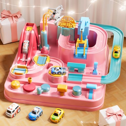 KIZONLY Car Race Track for Kids Ages 48 Kids Car Toys for 3 Year Old Boys Race Track for Toddlers 35 City Set with 3 Small Cars and Helicopter Educational Birthday Gifts Pink - Image 1