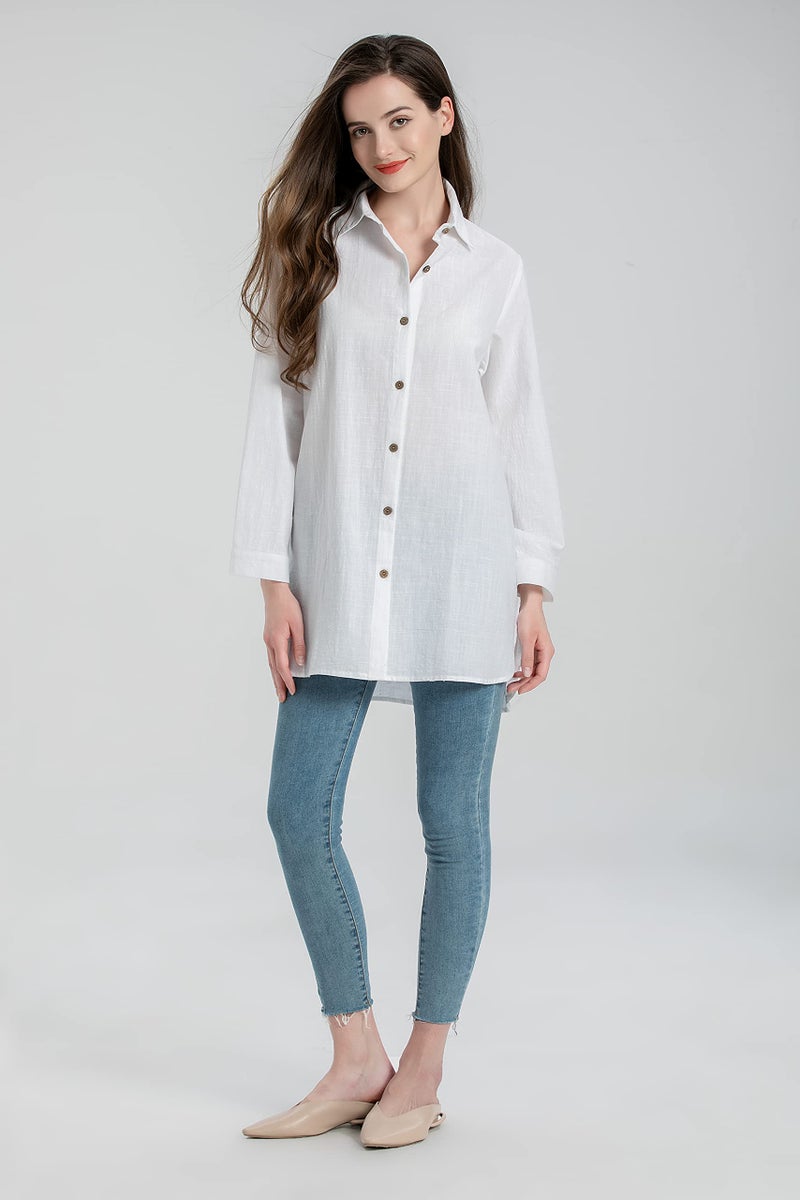 Minibee Women's Cotton Shirts Tunics Hi Low Tops Boyfriend Button Down Blouse White 2XL - Image 5