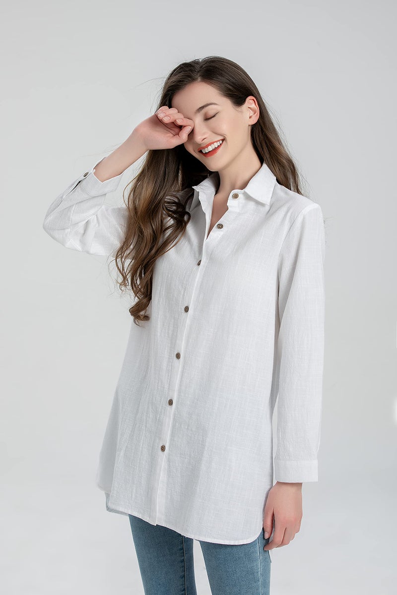 Minibee Women's Cotton Shirts Tunics Hi Low Tops Boyfriend Button Down Blouse White 2XL - Image 3
