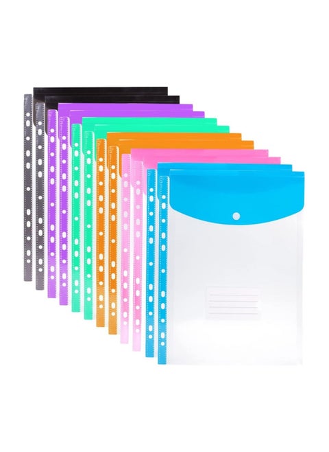 12pcs Expandable A4 Plastic Wallets Folders Document Files Popper Wallets with Button Closure and Label Pocket for Home Office School Files, Plastic Wallets A4 Punched Pockets