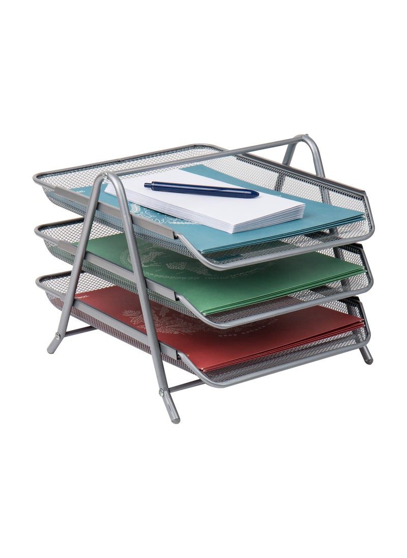 Mind Reader Mind Reader 3Tier Paper Tray Desktop Organizer File Storage Office Metal Mesh 1175L x 1375W x 10H Silver 