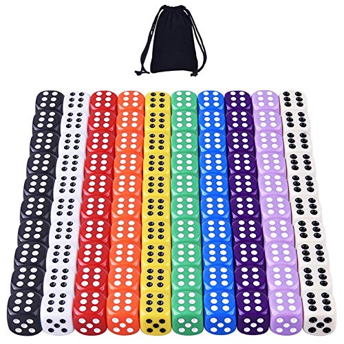 AUSTOR 100 Pieces Dice 6 Sided Game Dice Set 10 x 10 16mm Acrylic Dice with Velvet Pouch for Tenzi Farkle Yahtzee Bunco or Teaching Math