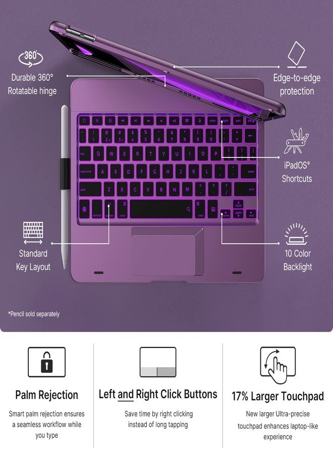 typecase غطاء Typecase Touch مع لوحة مفاتيح لجهاز iPad الجيل التاسع (10.2 بوصة، 2021)، لوحة لمس متعددة اللمس، إضاءة خلفية بعشرة ألوان، قابل للدوران 360 درجة، نحيف وخفيف - متوافق مع iPad الجيل الثامن (2020)، الجيل السابع (2019)، iPad Air 3، iPad Pro 10.5 (بنفسجي) - Image 3