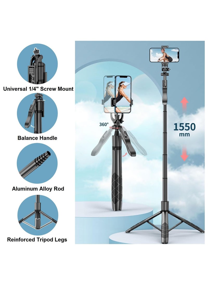 NNEWVANTE - Selfie Stick Phone Tripod for iPhone - 60" Extendable Cell Phone Tripod Remote for iPhone Android Camera 360° Rotating Travel Tripod Stabilizer Phone Stand Holder for Pictures Video Record Vlog - Image 1