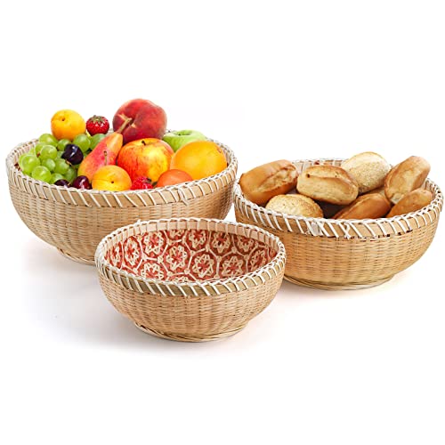 Elsjoy Set of 3 Round Wicker Fruit Baskets, Kitchen Wicker Woven Bread Basket Stackable Rattan Serving Basket Set for Home Decor - Image 5