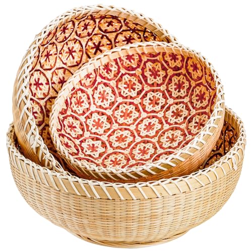 Elsjoy Set of 3 Round Wicker Fruit Baskets, Kitchen Wicker Woven Bread Basket Stackable Rattan Serving Basket Set for Home Decor - Image 1