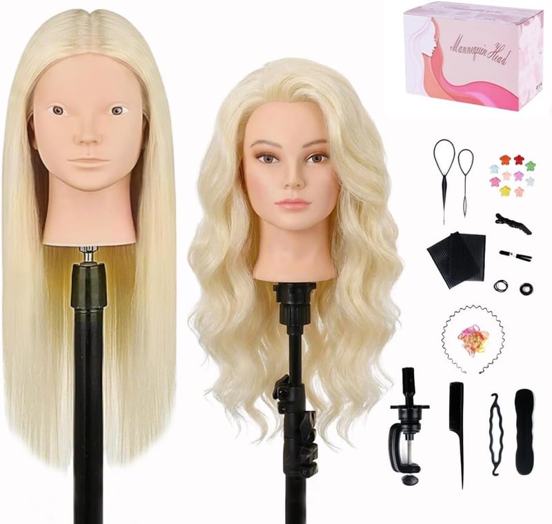 MYSWEETY 26'' Mannequin Head with Hair, 80% Real Human Hair Hairdresser Practice Training Head Cosmetology Mannequin Manikin Doll Head with Table Clamp Holder + DIY Hair Styling Braid Set (Blonde, No - Image 1