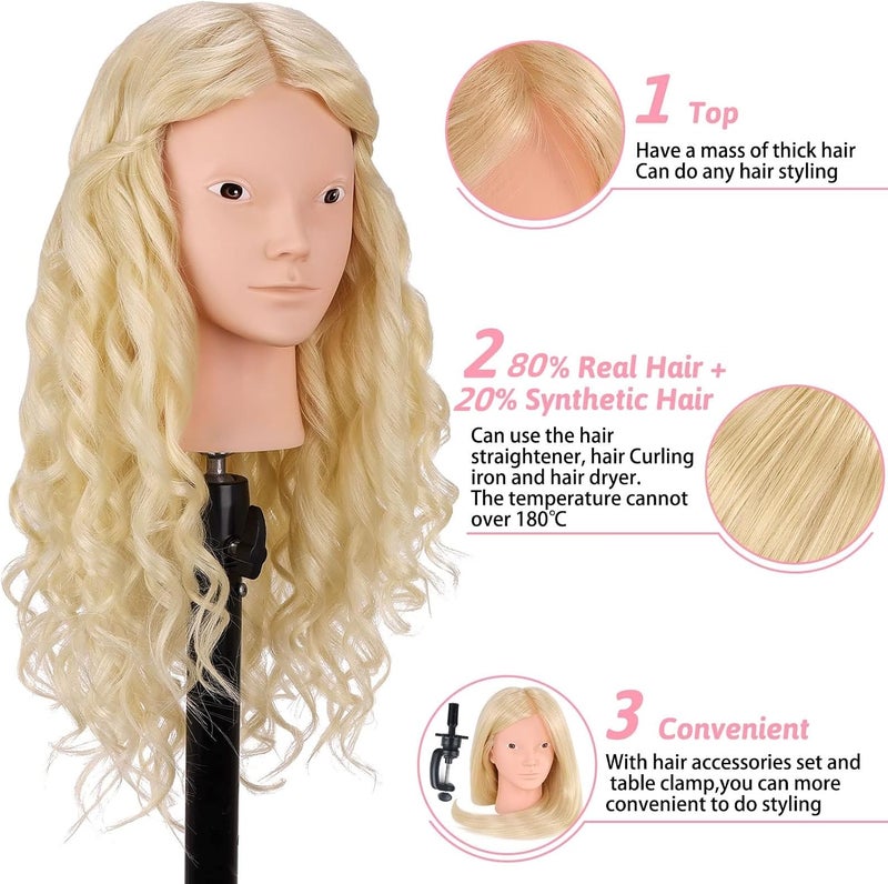 MYSWEETY 26'' Mannequin Head with Hair, 80% Real Human Hair Hairdresser Practice Training Head Cosmetology Mannequin Manikin Doll Head with Table Clamp Holder + DIY Hair Styling Braid Set (Blonde, No - Image 2