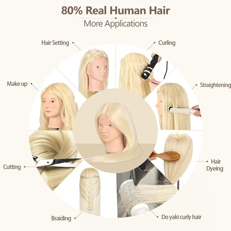 MYSWEETY 26'' Mannequin Head with Hair, 80% Real Human Hair Hairdresser Practice Training Head Cosmetology Mannequin Manikin Doll Head with Table Clamp Holder + DIY Hair Styling Braid Set (Blonde, No - Image 4