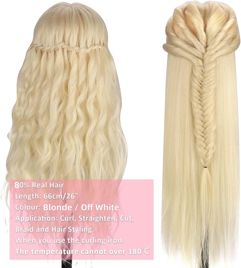 MYSWEETY 26'' Mannequin Head with Hair, 80% Real Human Hair Hairdresser Practice Training Head Cosmetology Mannequin Manikin Doll Head with Table Clamp Holder + DIY Hair Styling Braid Set (Blonde, No - Image 3