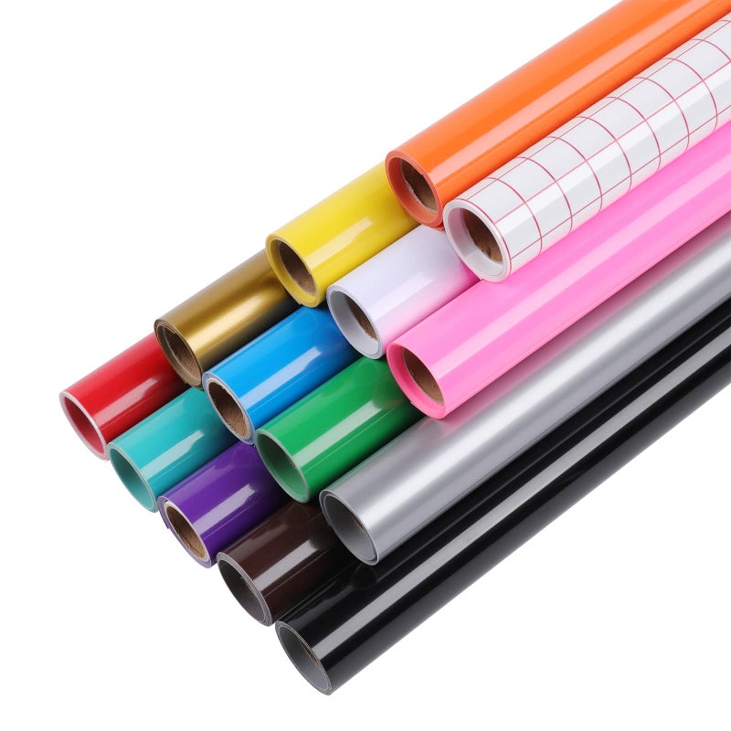 اتش تي في رونت فينيل دائم من HTVRONT لأجهزة Cricut - عبوة من 13 لفة فينيل لاصق دائم متعدد الألوان، مقاس 12 بوصة × 3 قدم، فينيل لاصق للأعمال الحرفية لأجهزة Cricut + شريط نقل واحد للفينيل، وأجهزة Silhouette، وCameo Cutters - Image 1