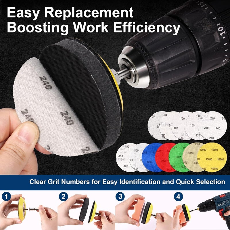 GOH DODD 199 Pieces 3 Inch Sanding Disc, Headlight Restoration Kit Hook and Loop Sanding Pads 60 to 10000 Grit Wet Dry Sandpaper with 1/4“ 1/8" Shank, Backer, Polishing Pads and Interface Pad - Image 3