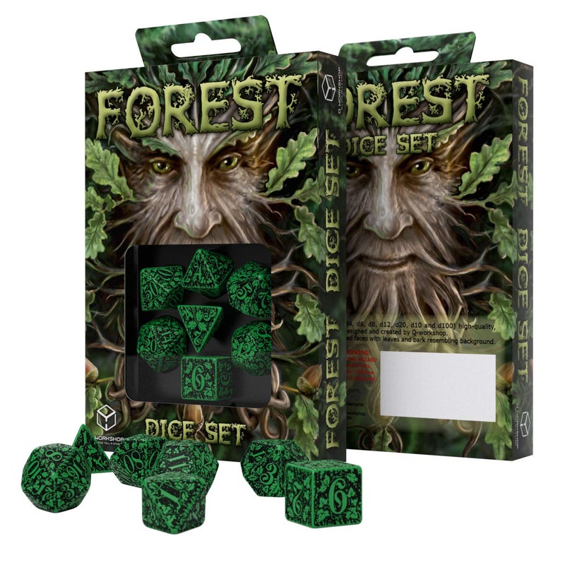 Q WORKSHOP Forest Engraved green & black RPG ornamented Dice Set 7 polyhedral pieces - Image 2