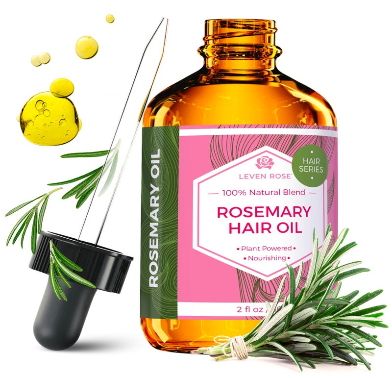 Leven Rose Organic Rosemary Hair Growth Oil with Castor, Rosemary, Peppermint, Jojoba, Argan, Pumpkin Seed, Horse Tail Extract, Evening Primrose for all Hair Types, Natural, 2 oz - Image 1