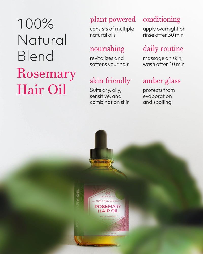 Leven Rose Organic Rosemary Hair Growth Oil with Castor, Rosemary, Peppermint, Jojoba, Argan, Pumpkin Seed, Horse Tail Extract, Evening Primrose for all Hair Types, Natural, 2 oz - Image 5