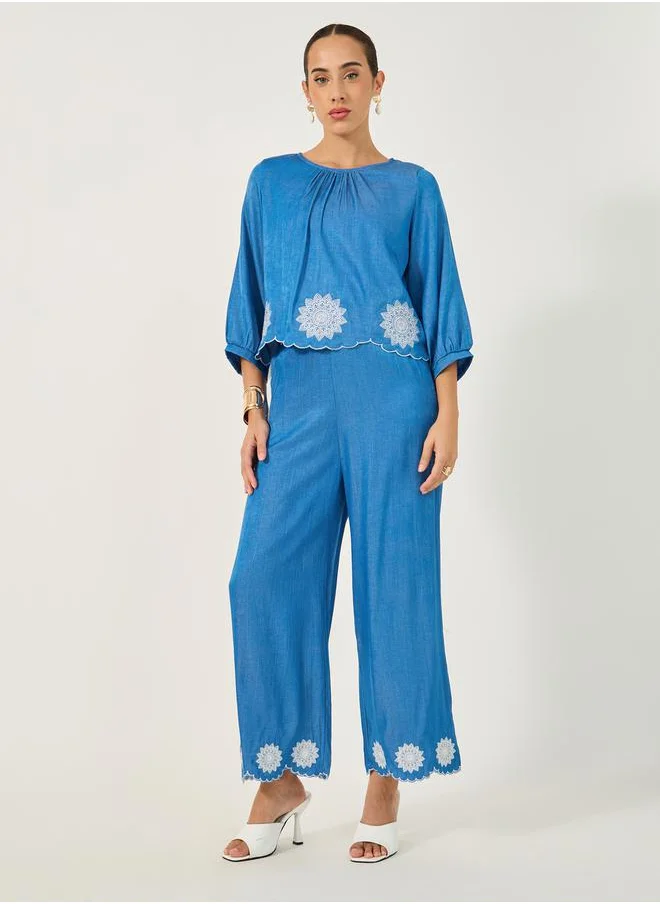 Styli Embroidered Balloon Sleeves Blouse with Scalloped Hem