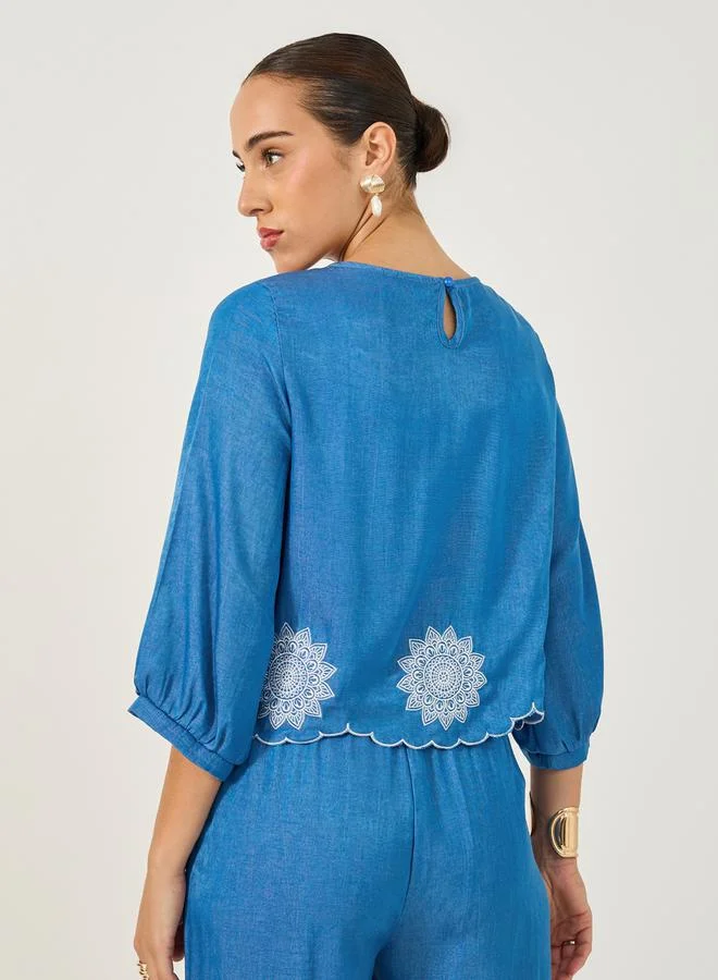 Styli Embroidered Balloon Sleeves Blouse with Scalloped Hem