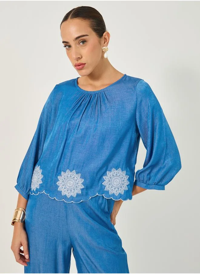 Styli Embroidered Balloon Sleeves Blouse with Scalloped Hem
