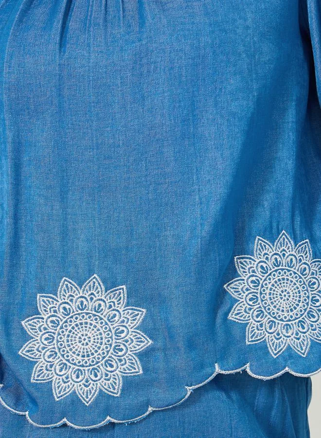 Styli Embroidered Balloon Sleeves Blouse with Scalloped Hem