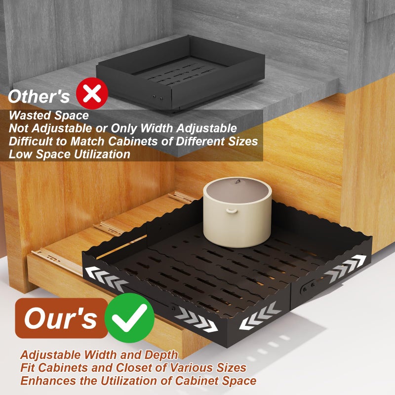 FOXHIVE Expandable Pull Out Cabinet Organizer - Adjustable Width 12-18" & Depth 13-23", 3-Rail Heavy Duty Slide Out Drawer, No-Drills Adhesive Mount, Fits Lip & Lip-Free Cabinets (White) - Image 4