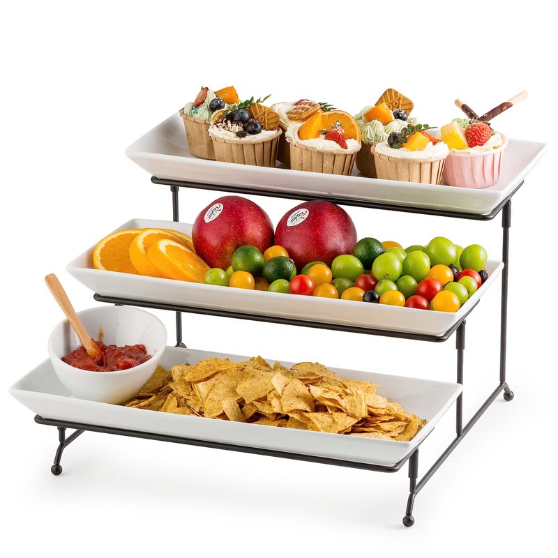 Gomakren Gomakren 3 Tier Serving Trays Stand 14 Inches Serving Platters Rectangular Large Serving Plates for Party Display Set Collapsible Sturdier Rack Christmas Serving Trays and Platters 