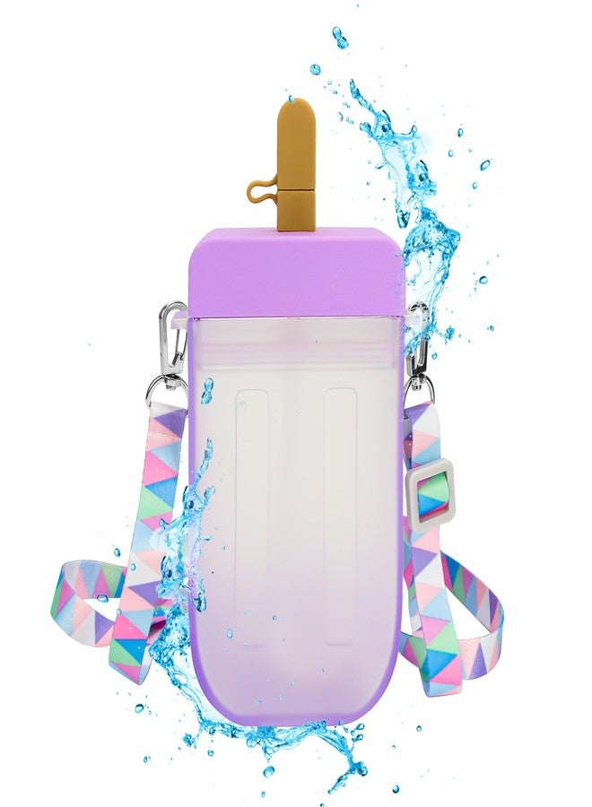 BuleVina 300ML Cute Water Bottle with Straw - Kawaii Creative Ice Cream Popsicle Cups Adjustable Shoulder Strap for School Girls, Leakproof BPA Free Juice Drinking Bottles Camping Sports Travel 10 Oz (Purple) - Image 1