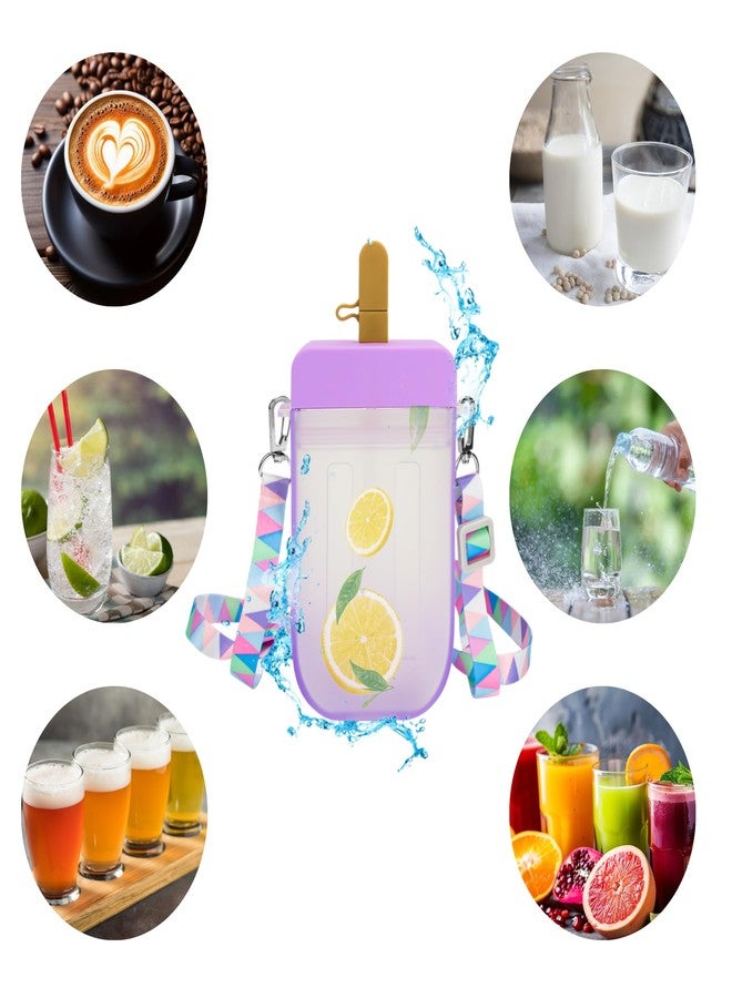 BuleVina 300ML Cute Water Bottle with Straw - Kawaii Creative Ice Cream Popsicle Cups Adjustable Shoulder Strap for School Girls, Leakproof BPA Free Juice Drinking Bottles Camping Sports Travel 10 Oz (Purple) - Image 4