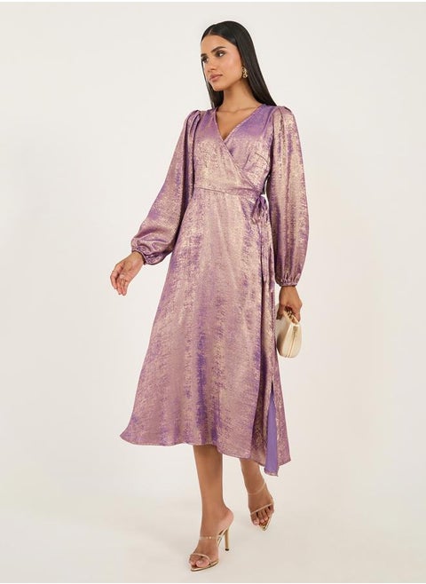 Foil Print Long Sleeves Wrap Midi Dress