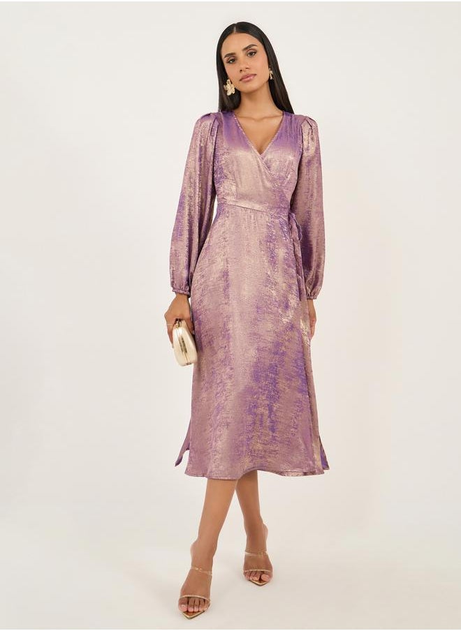 Styli - Foil Print Long Sleeves Wrap Midi Dress - Image 1