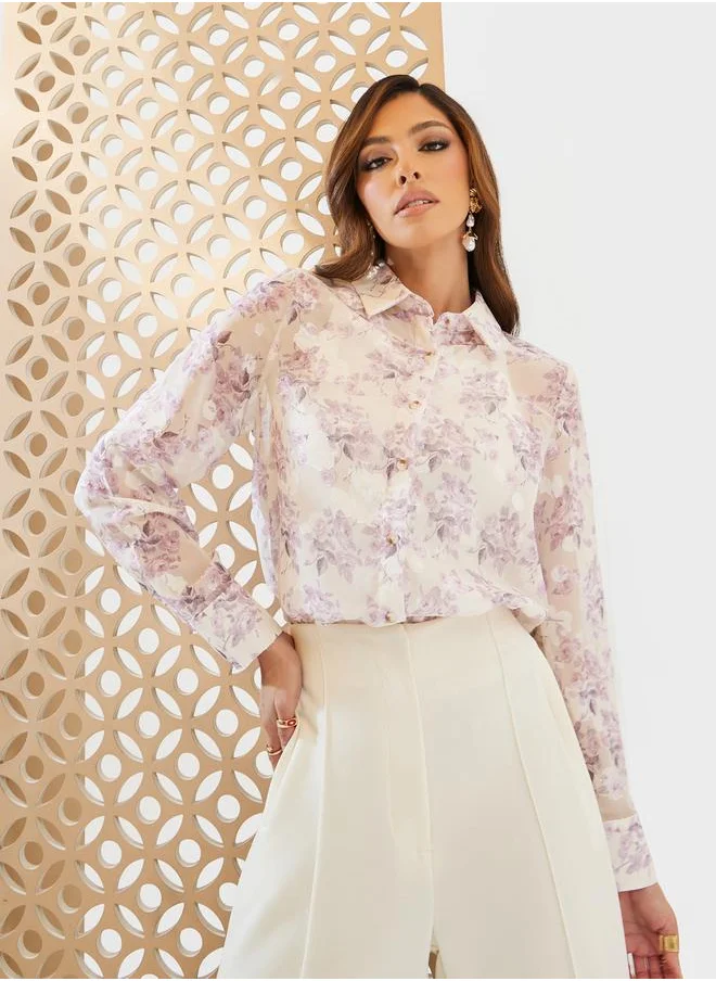 ستايلي Floral Print Oversized Spread Collar Shirt