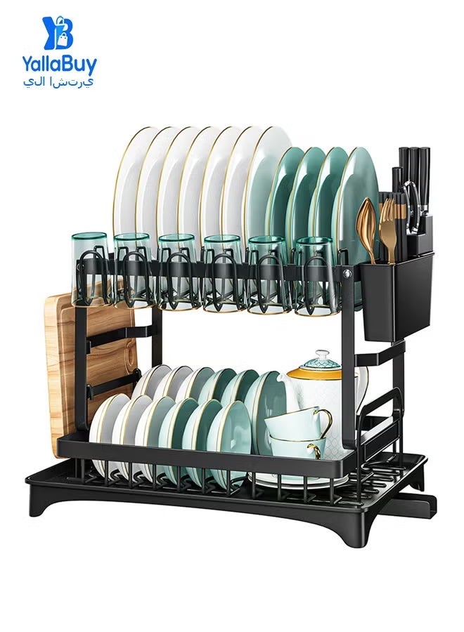 Two-Tier Dish Drying Rack 5-in-1 with Drip Tray, Cup Holder, Utensil Holder, Chopping Board Holder, Carbon Steel, Black - Image 1