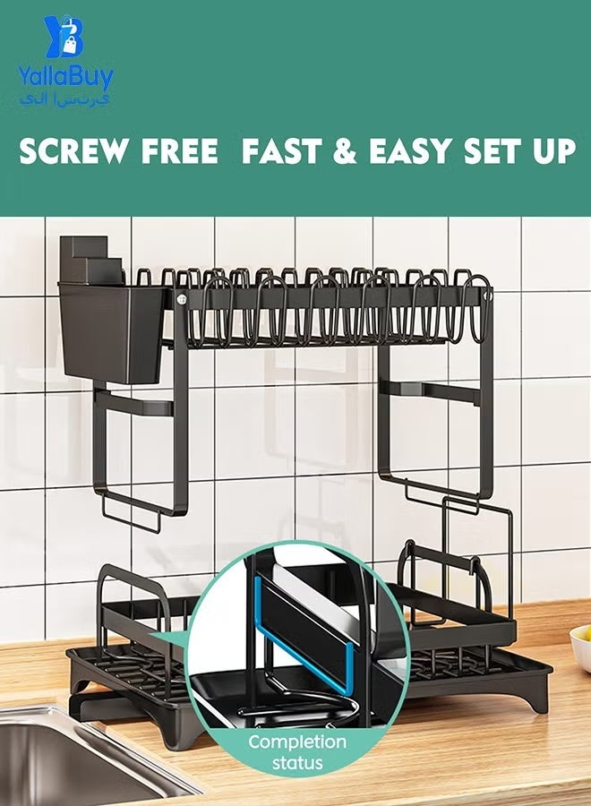 Two-Tier Dish Drying Rack 5-in-1 with Drip Tray, Cup Holder, Utensil Holder, Chopping Board Holder, Carbon Steel, Black - Image 4