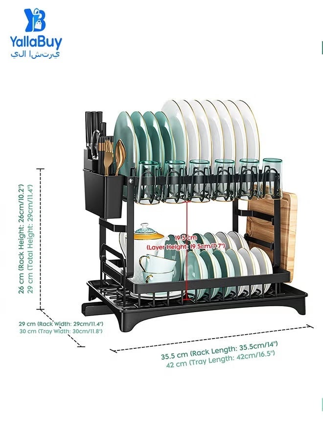 Two-Tier Dish Drying Rack 5-in-1 with Drip Tray, Cup Holder, Utensil Holder, Chopping Board Holder, Carbon Steel, Black - Image 5