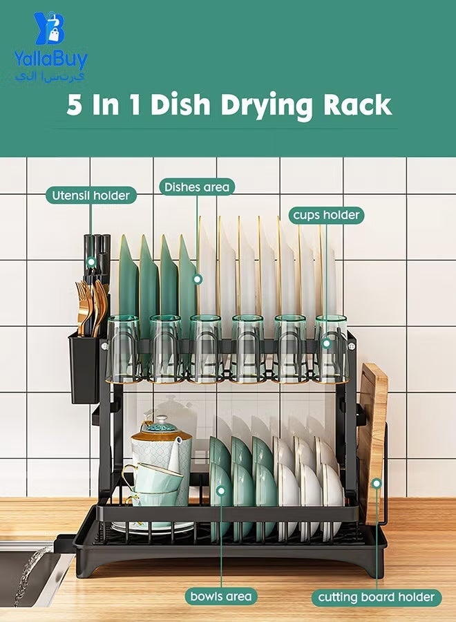 Two-Tier Dish Drying Rack 5-in-1 with Drip Tray, Cup Holder, Utensil Holder, Chopping Board Holder, Carbon Steel, Black - Image 3