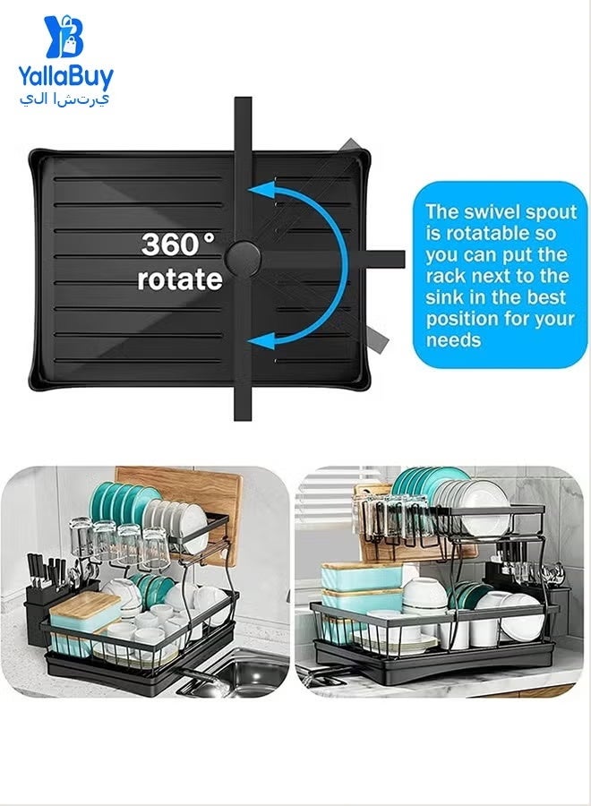 Two-Tier Dish Drying Rack 5-in-1 with Drip Tray, Cup Holder, Utensil Holder, Chopping Board Holder, Carbon Steel, Black - Image 2