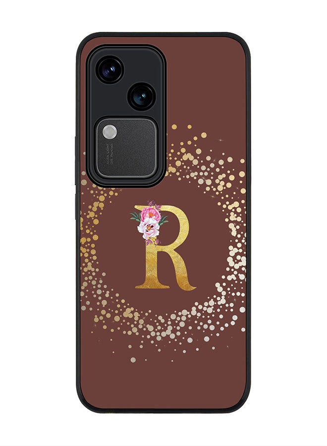 Stylizedd Rugged Black edge case for Vivo V30 5G, Slim fit Flexible Cover -  Custom Monogram Initial Letter Floral Pattern Alphabet - R  (Brown ) - Image 1