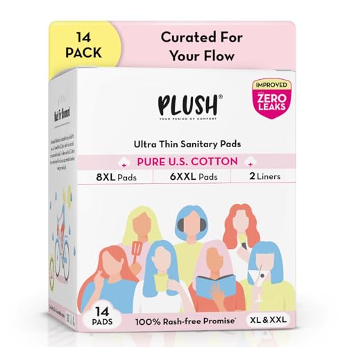 Plush Ultra-Thin Sanitary Napkins for Women, 14 Pcs | 8 XL Pads (Light-Medium Flow), 6 XXL Pads (Heavy Flow), 2 Panty Liners | 100% Rash-Free | Pure U.S. Cotton Sanitary Pads | No Fragrance | No Toxic-Chemicals - Image 1