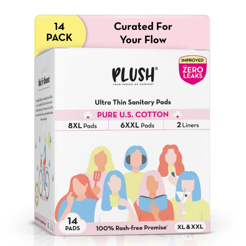 Plush Ultra-Thin Sanitary Napkins for Women, 14 Pcs | 8 XL Pads (Light-Medium Flow), 6 XXL Pads (Heavy Flow), 2 Panty Liners | 100% Rash-Free | Pure U.S. Cotton Sanitary Pads | No Fragrance | No Toxic-Chemicals - Image 2