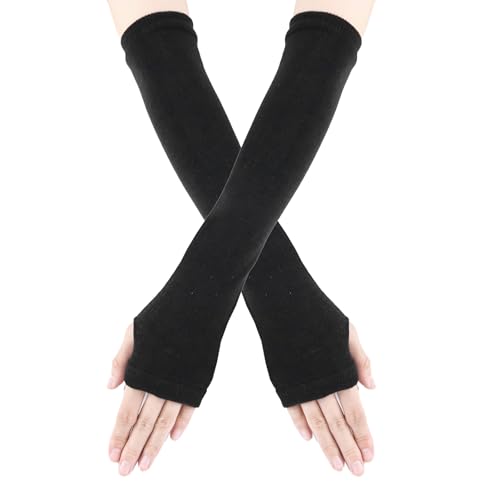 Fynnsure Arm Warmers Knit Elbow Long Fingerless Gloves for Women Winter Warm Ribbed Arm Sleeves Thumb Hole Arms Warmers Y2K Black-Thin - Image 1