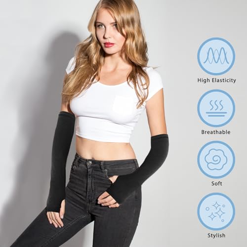 Fynnsure Arm Warmers Knit Elbow Long Fingerless Gloves for Women Winter Warm Ribbed Arm Sleeves Thumb Hole Arms Warmers Y2K Black-Thin - Image 5
