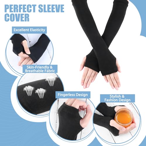 Fynnsure Arm Warmers Knit Elbow Long Fingerless Gloves for Women Winter Warm Ribbed Arm Sleeves Thumb Hole Arms Warmers Y2K Black-Thin - Image 2