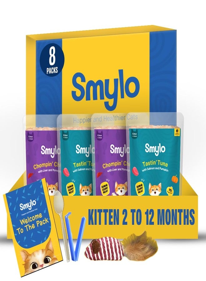 Smylo علبة تجريبية من طعام القطط الرطب الطبيعي والصحي من سميلو (من شهرين إلى 12 شهرًا) 70 غرام × 8 عبوات | وصفات التونة والسلمون والدجاج والكبد | خالٍ من الحبوب، بدون مواد حافظة، بدون منتجات ثانوية | تركيبة بيطرية - Image 1