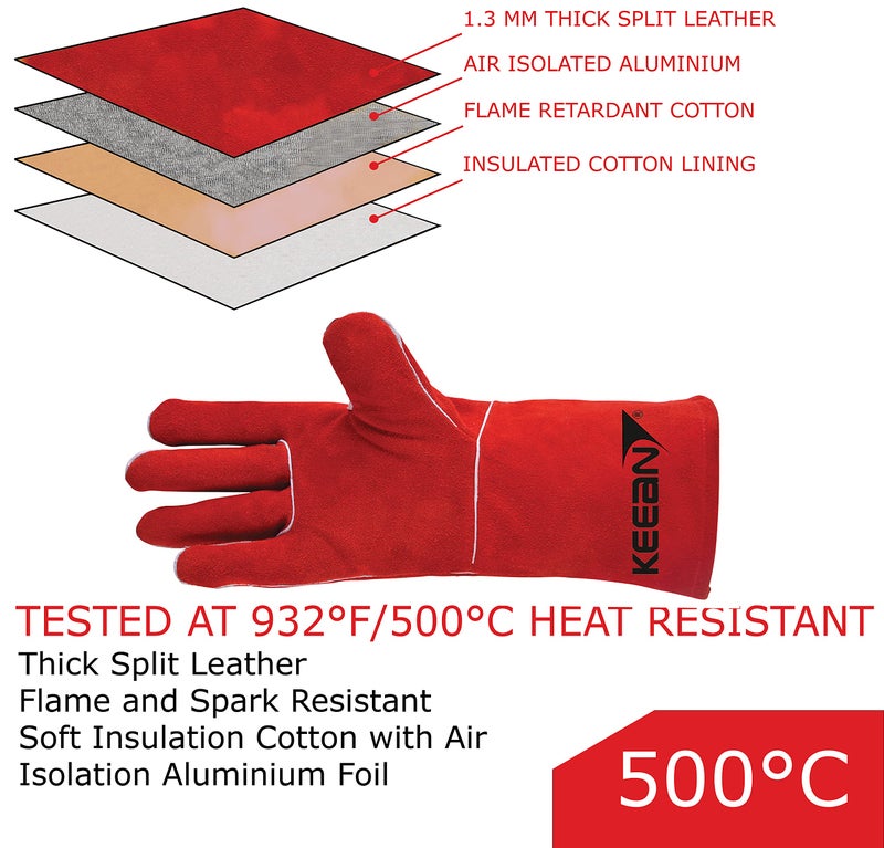 KEEAN ARC/MIG/TIG 14 inch Welding Gloves Heat&Fire Resistant Leather Cut Proof Gaunlets Kevlar Stitching, Extreme High Temperature Hot Metal Thermal Work Safety Protective Heavy Duty - Image 3