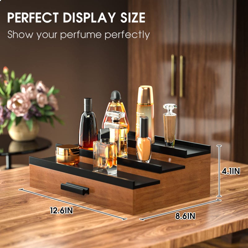 Sephyroth Cologne Organizer for Men 3 Tier of Elevated Cologne Display Shelf with Drawer Storage Perfume Organization and Storage Display Risers,Great Gift for Man(Walnut Black) - Image 4