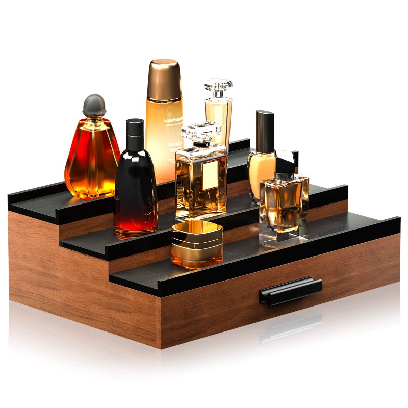 Sephyroth Cologne Organizer for Men 3 Tier of Elevated Cologne Display Shelf with Drawer Storage Perfume Organization and Storage Display Risers,Great Gift for Man(Walnut Black) - Image 1