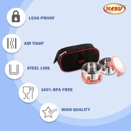 MARU Stainless Steel Lunch Box Set of 2, 350ML - Leakproof Tiffin with Insulated Bag for Kids & Adults, Perfect for School & Office Use. Muti-Containers Compartment for Foods, Snacks & Fruits - Image 5