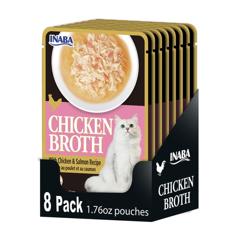 Inaba Chicken Broth, Side Dish/Topper for Cats with Vitamin E, 1.76 Ounce Pouch, 8 Pouches Total, Chicken and Salmon Recipe - Image 1